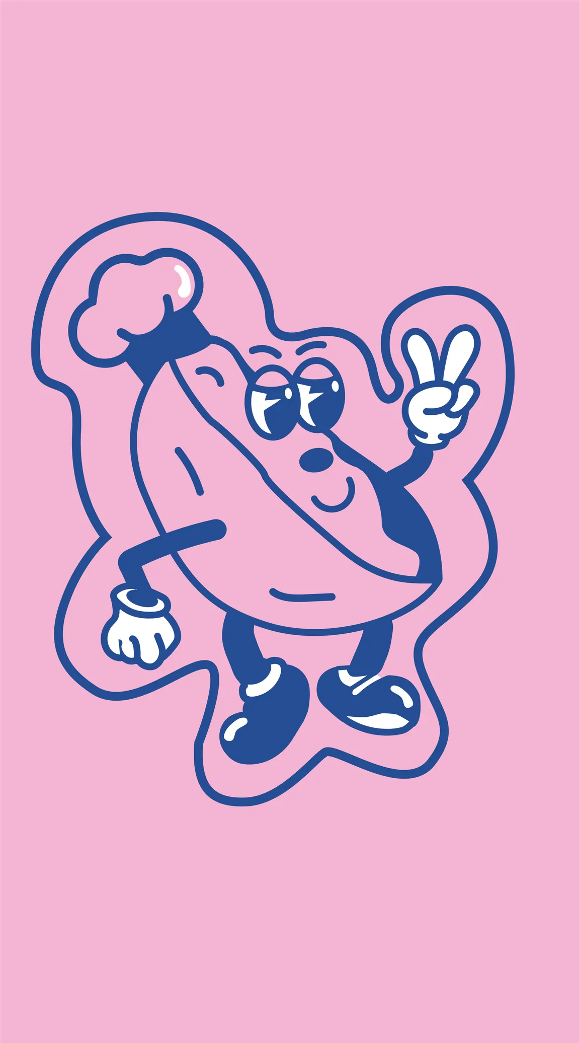 Une mascotte au chapeau de chef qui fait le V de la victoire, sur un fond rose.