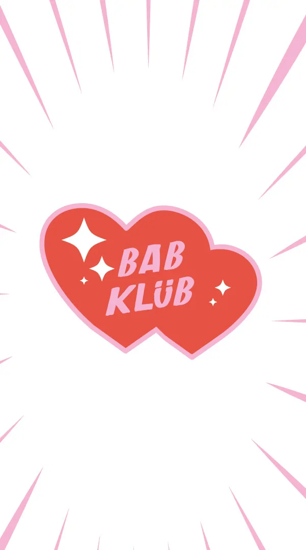 Deux cœurs rouges portant le logo « Bab Klüb », sur un fond noir à rayons roses.