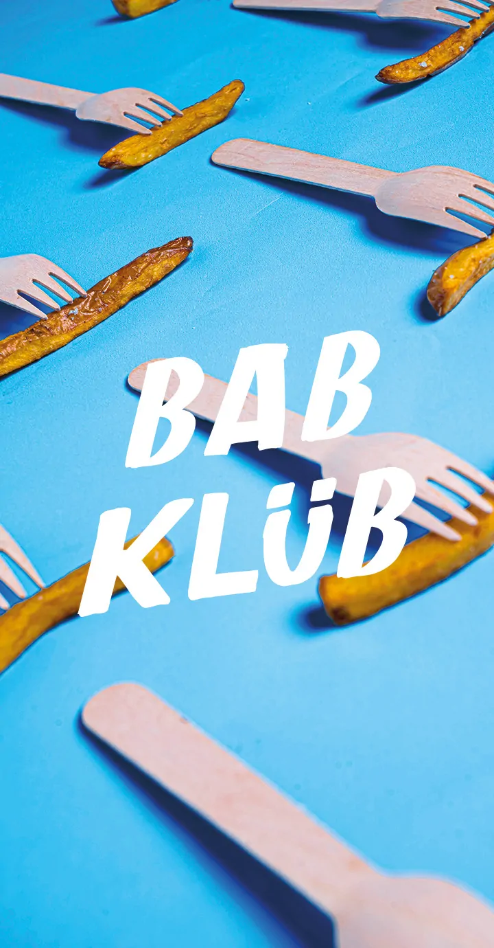 Une story : des frites et des fourchettes en bois sur un fond bleu, avec le logo « Bab Klüb ».