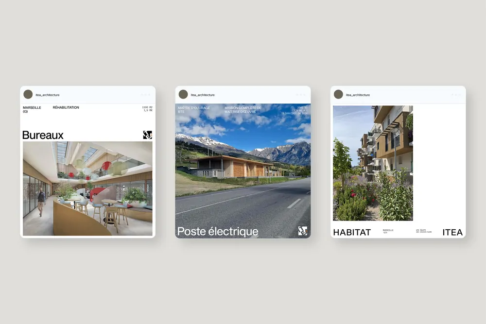 Trois posts Instagram d’ITEA : « Bureaux », « Poste électrique » et « Habitat », chacun avec une photo d’architecture.