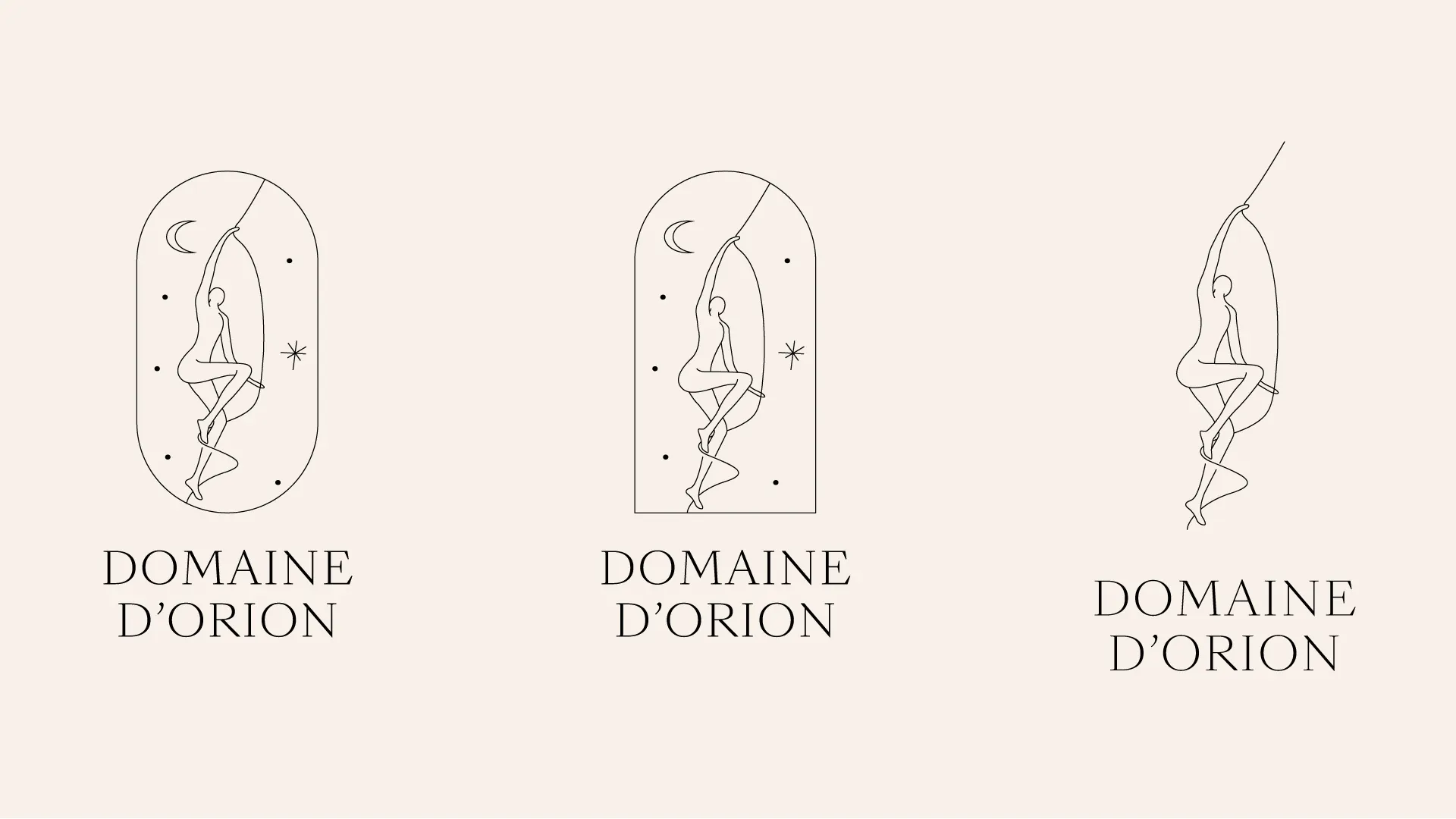 Trois variantes du logo, avec ou sans cartouche en arche, et le nom « Domaine d’Orion ».