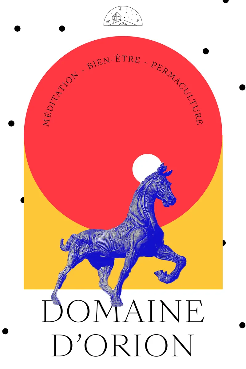 Une affiche colorée : un cheval bleu devant un disque rouge sur un fond jaune, et le nom « Domaine d’Orion ».